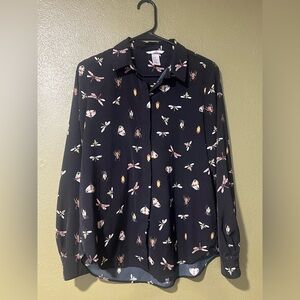 H&M Insect Bug Print Button Up Long Sleeve Shirt